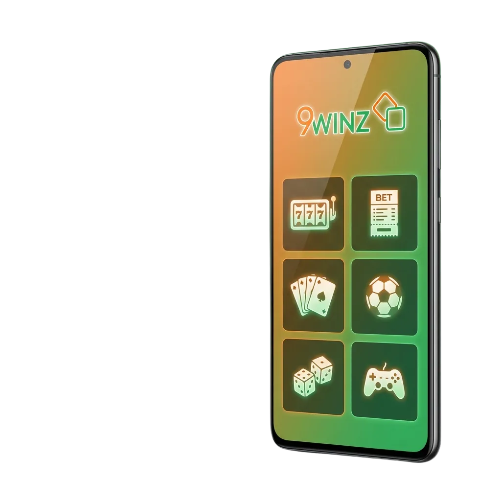 9winz Android app interface showing mobile betting and casino games on smartphone
