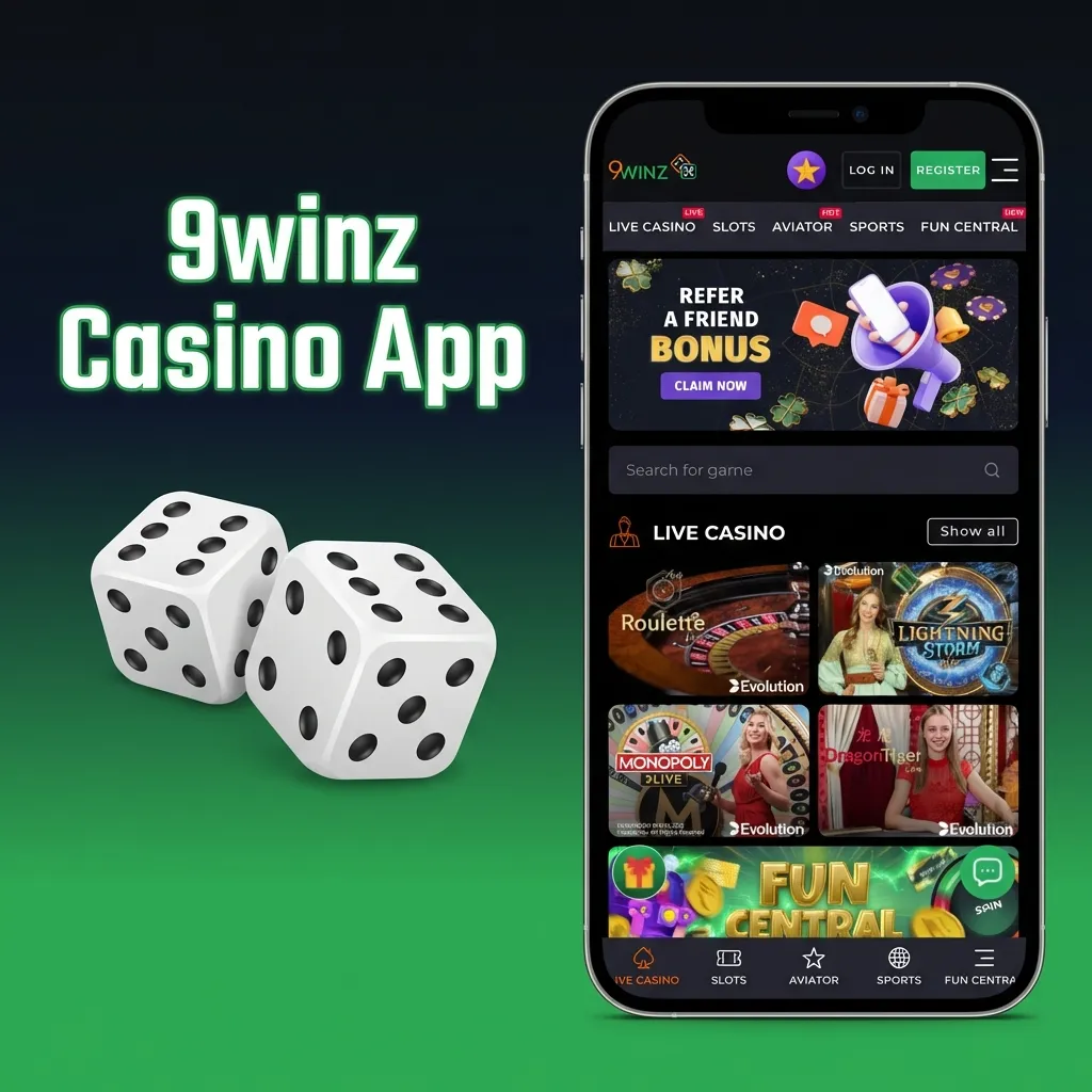 9winz Casino App interface showing slots, table games, and live dealer options with easy navigation