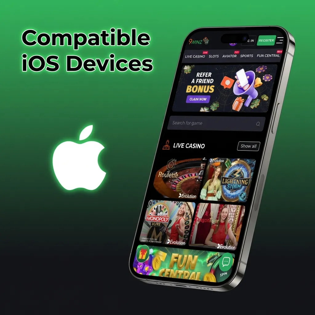 List of compatible iOS devices including iPhone models X through 15 and recent iPad Air, Pro, and Mini generations