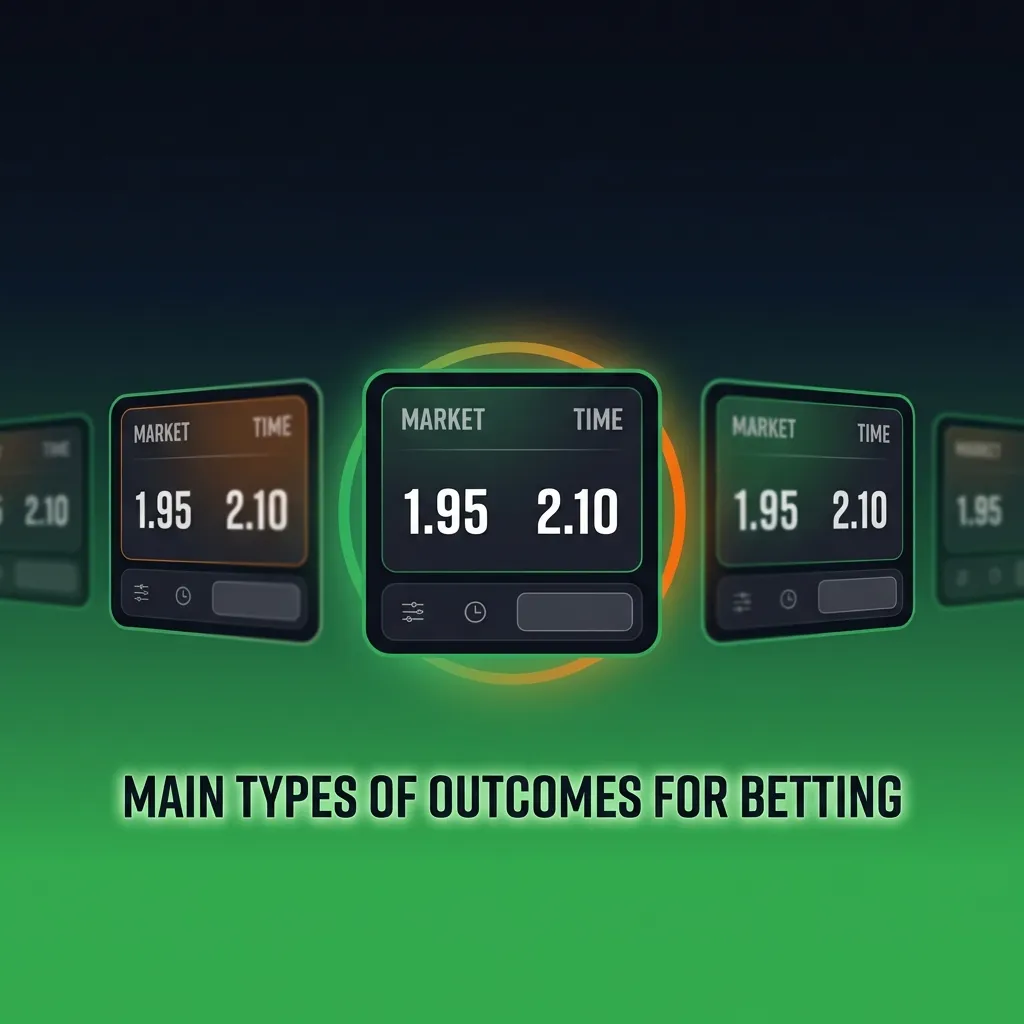 Infographic showing main betting outcome types: match winner, over/under, handicap, both teams to score, and half-time bets.