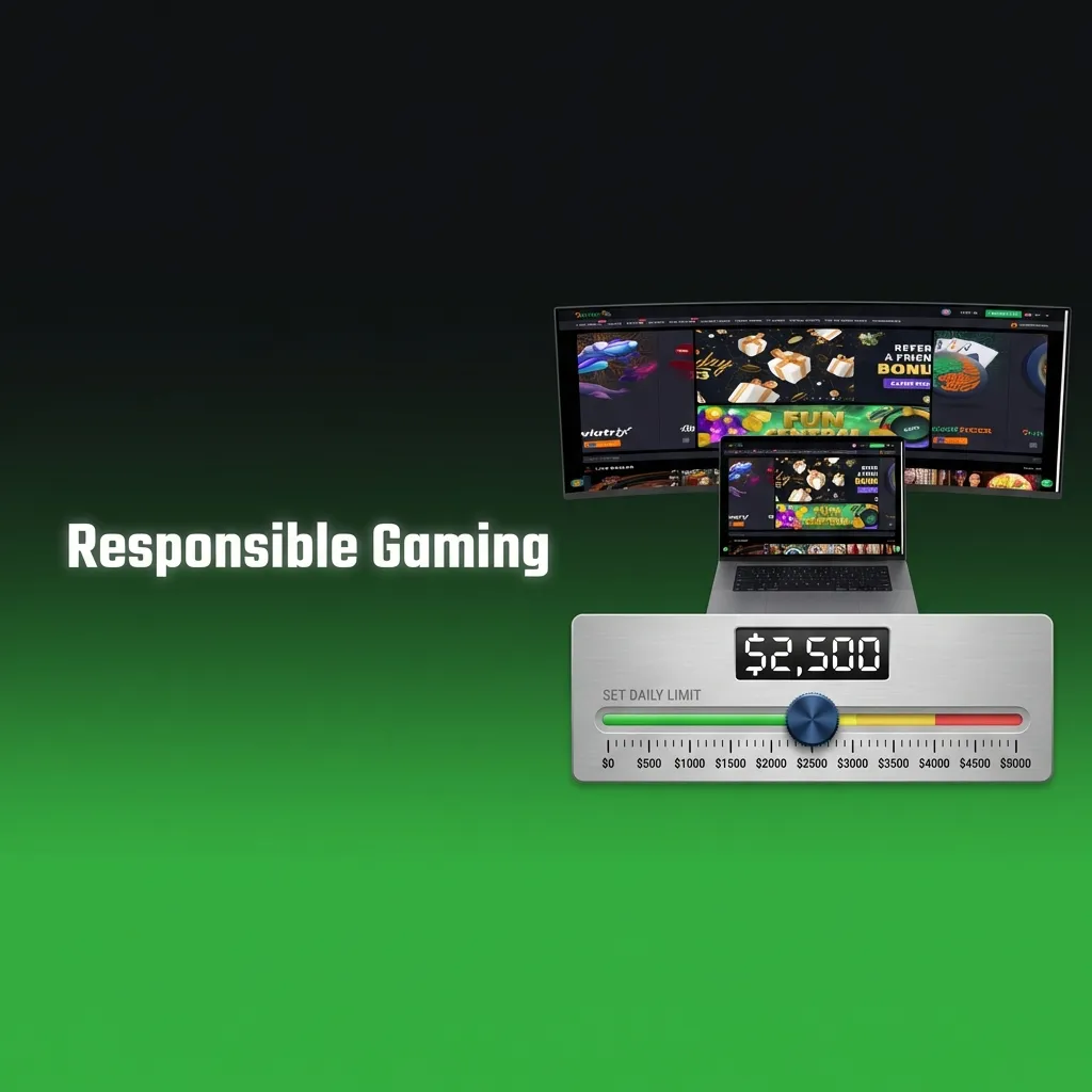 Person reviewing responsible gaming guidelines on laptop screen with self-control tools and support resources displayed