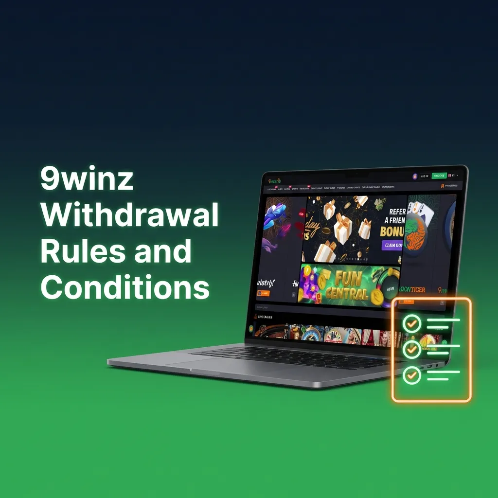 9winz withdrawal rules page showing verification, wagering, payment method, and currency requirements for payouts