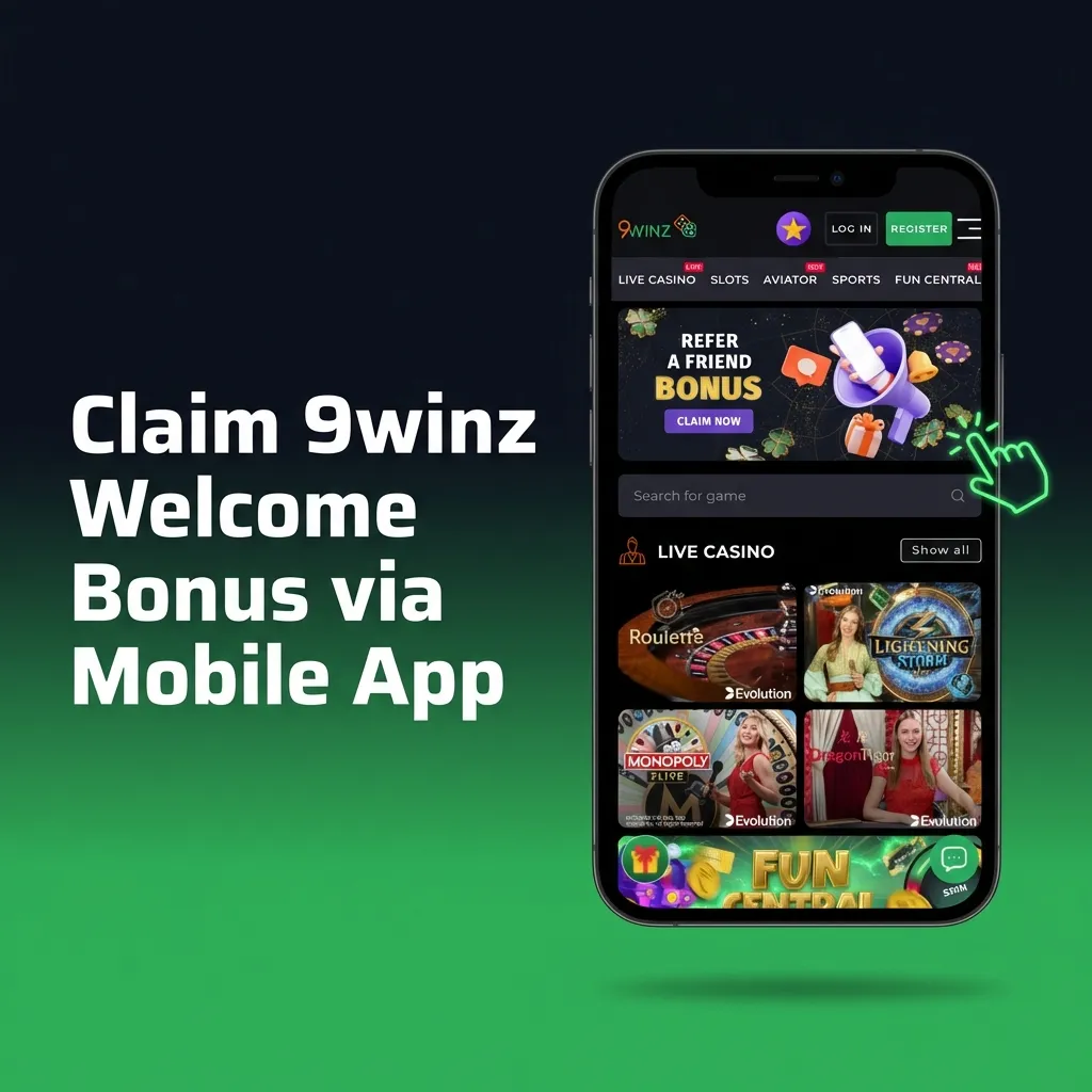 9winz mobile app welcome bonus claim process showing download, registration, deposit and automatic activation steps