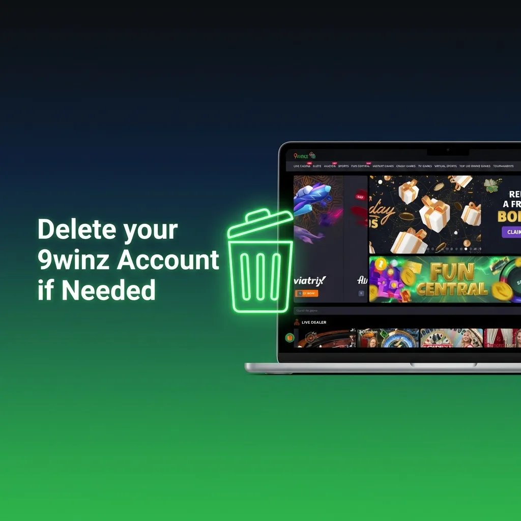 Person closing their 9winz gambling account through settings menu on a computer or mobile device.