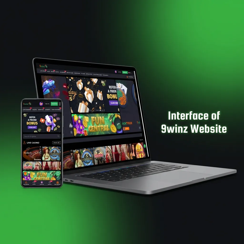 9winz India website interface showing navigation bar with Sports, Live Casino, Casino, Promotions, and account sections